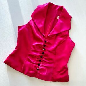 Vtg J.R. Nites by Caliendo Blouse Satin Fitted V Neck Fuchsia Faux Button Size 6